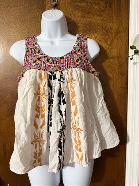 RAGA White Tank Top with Multicolor Embroidered Yoke and Black & Gold Accents